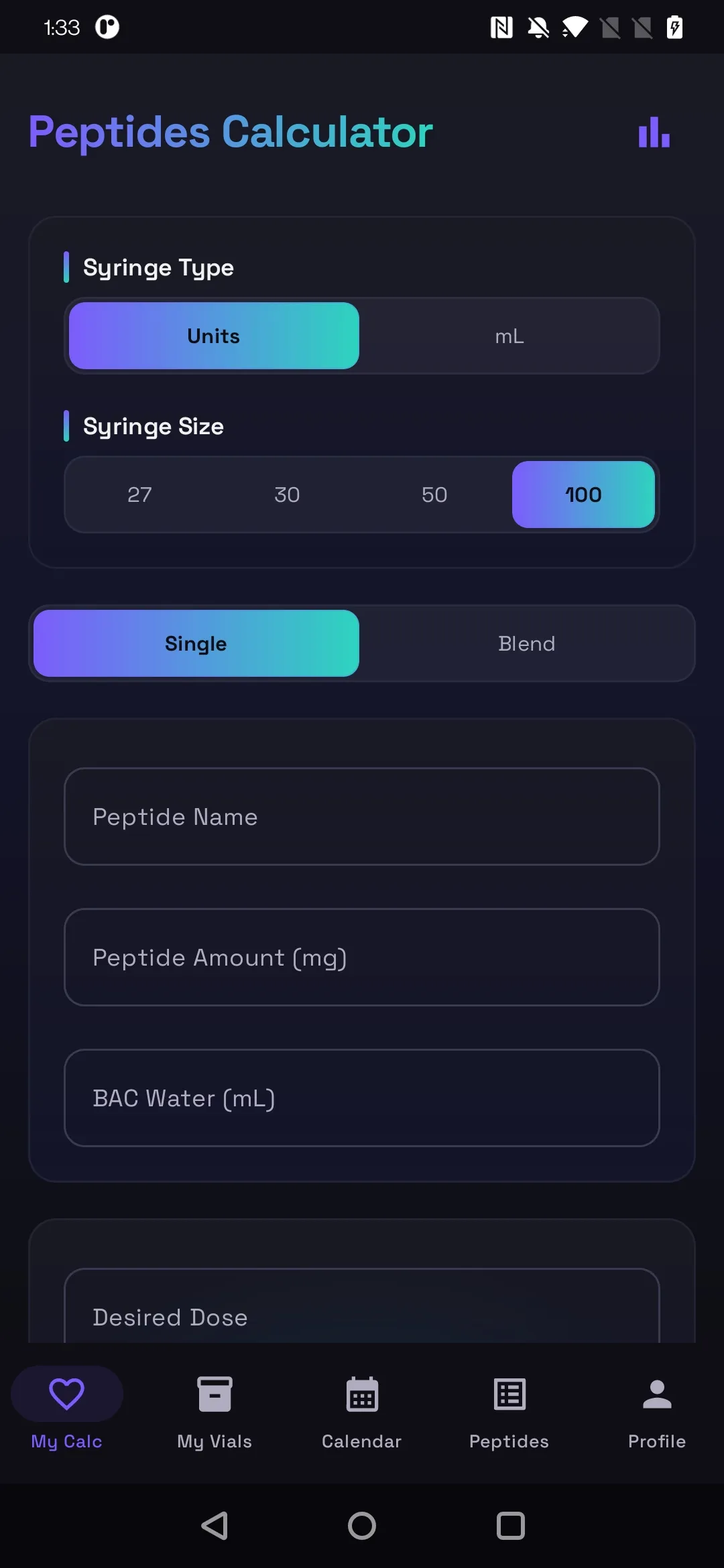 Calculate doses instantly — pick your syringe, enter strength, get draw units