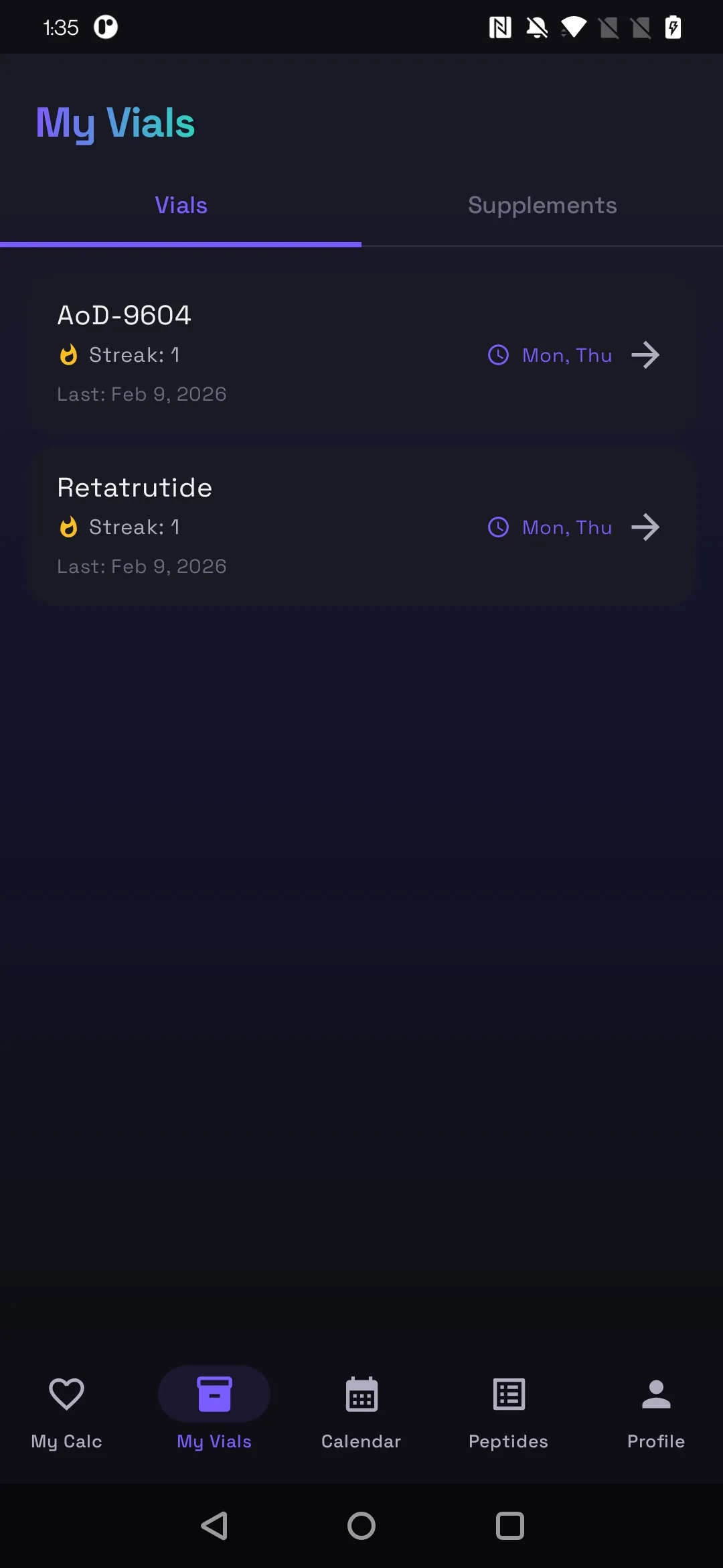 Track every vial with streaks, schedules, and remaining uses