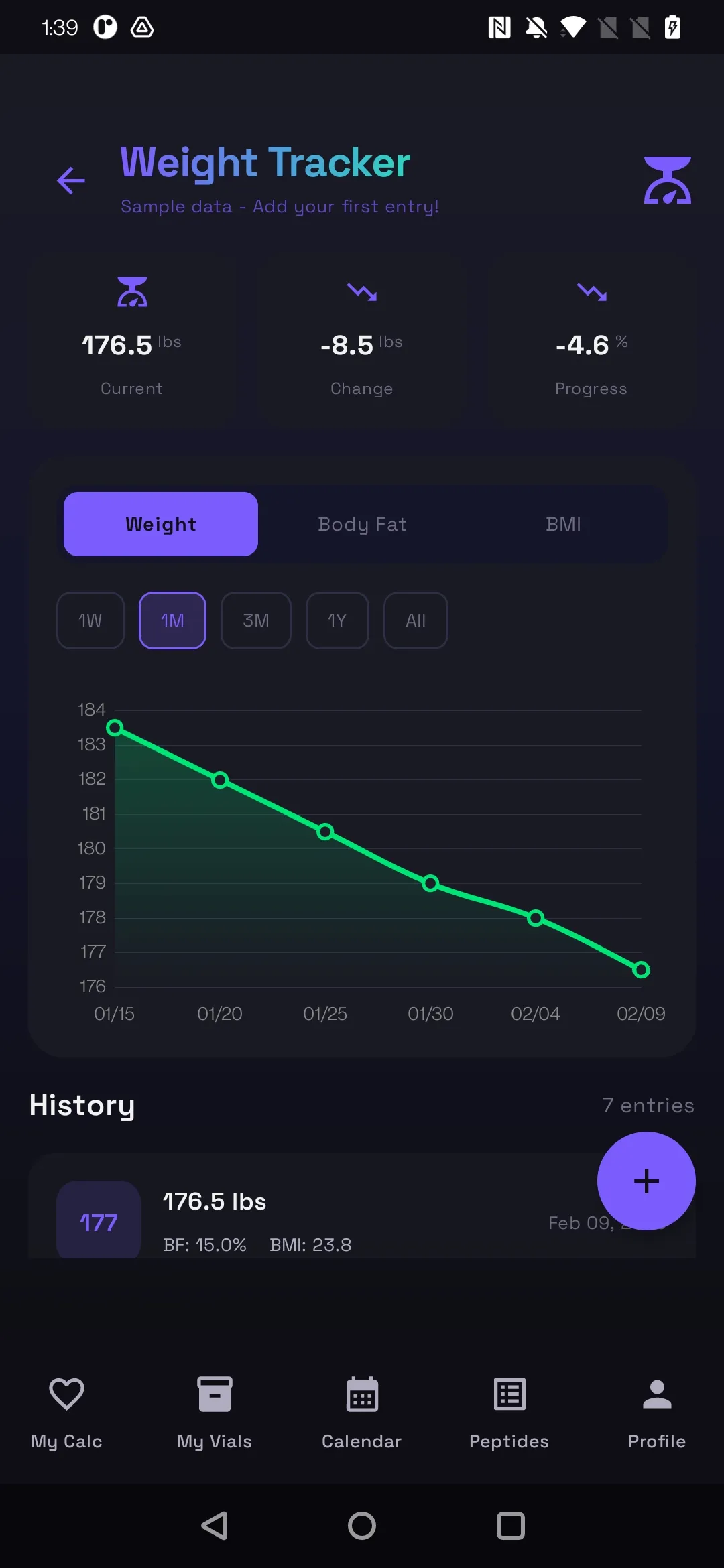 Track weight loss progress with charts and detailed history