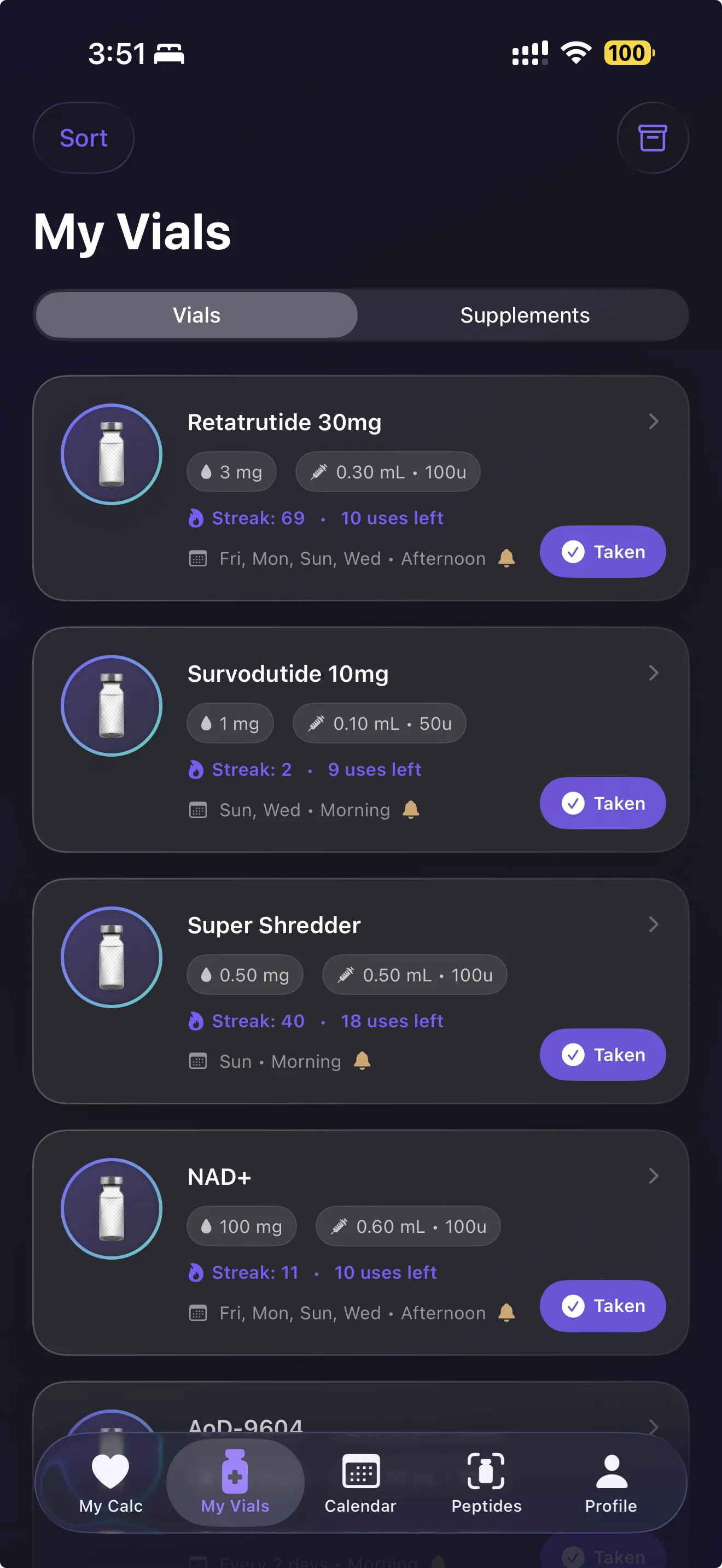 Track every vial with streaks, schedules, and remaining uses