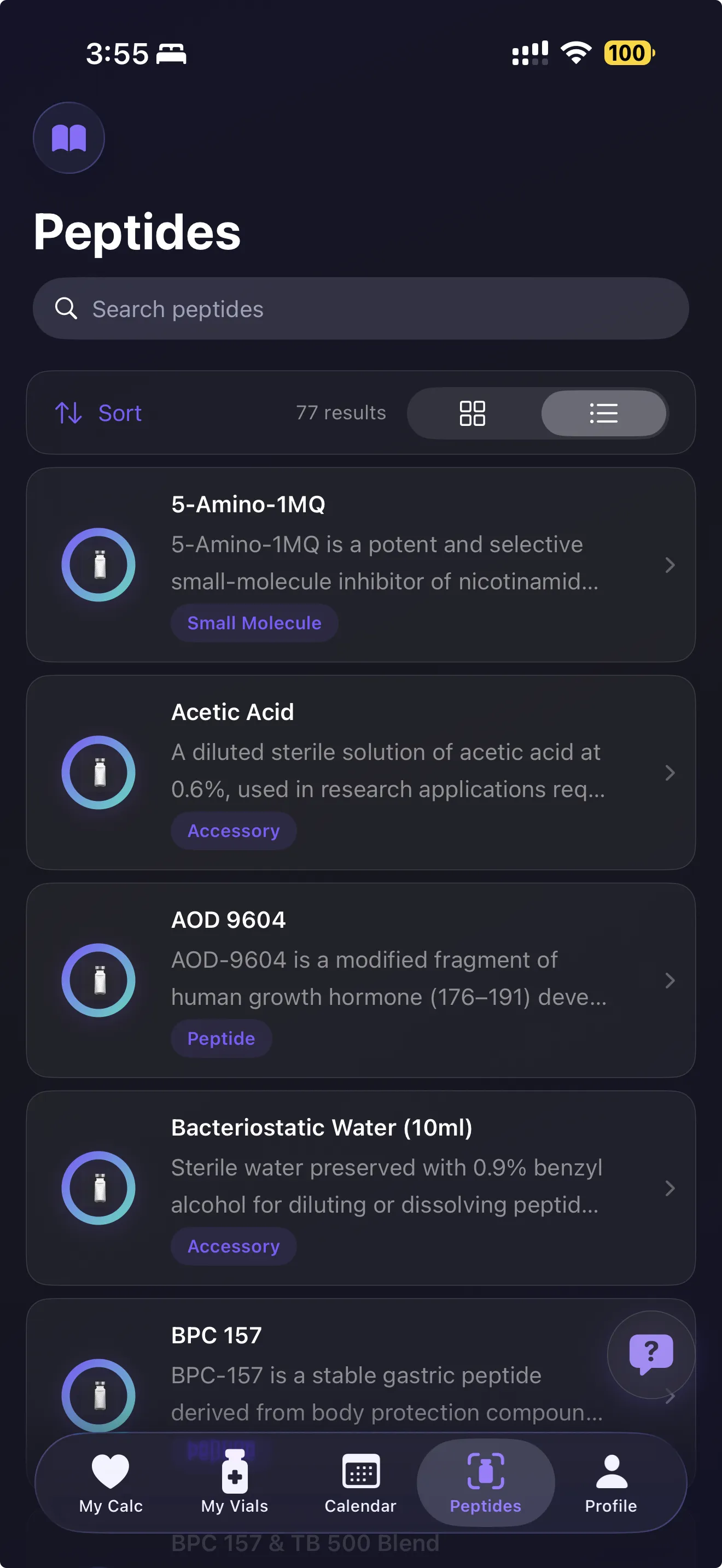 Browse 100+ peptides with search, sorting, and filtering