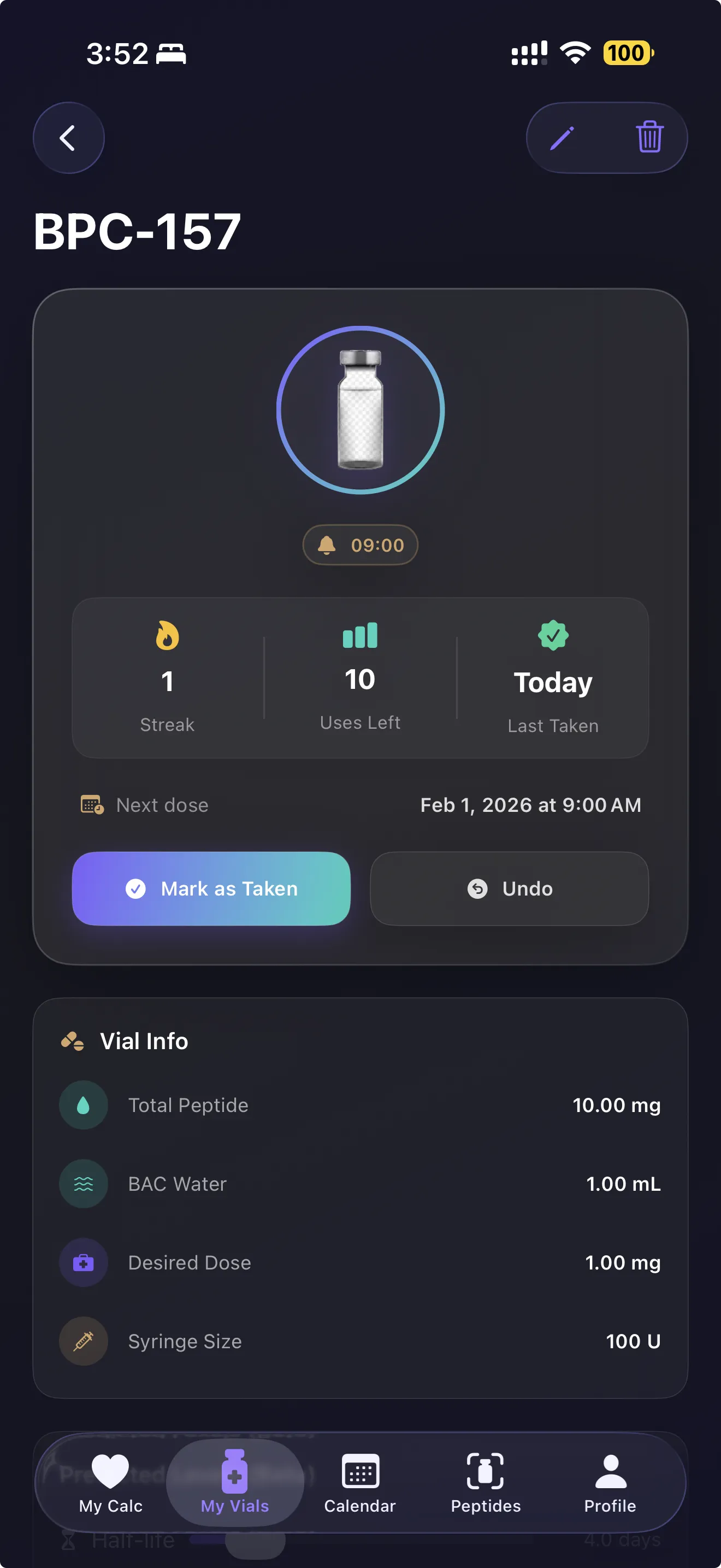 Detailed vial info, mark-as-taken, and next-dose tracking